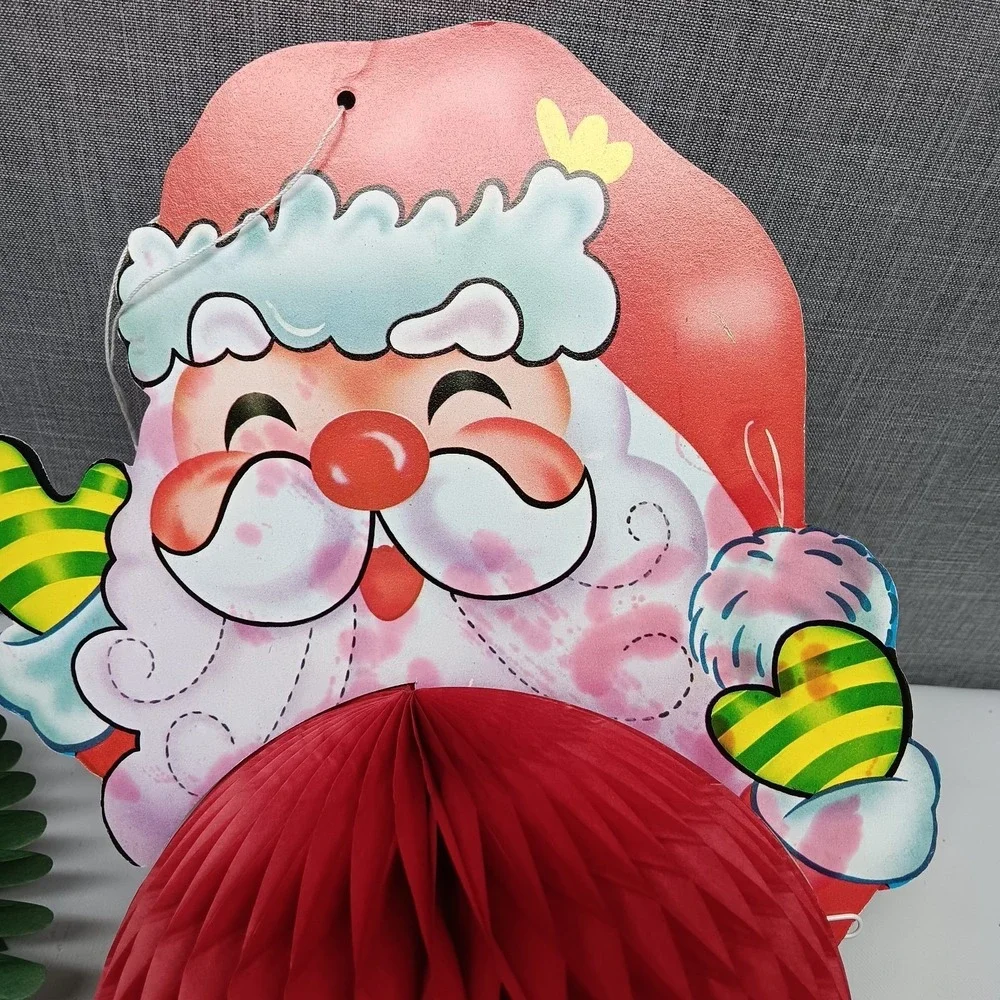 VTG Honeycomb Christmas Tree Santa Ball Decorations Set 60s/70s MCM Holiday Red‎